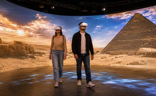 Visitantes con visores de realidad virtual recorren una experiencia inmersiva del antiguo Egipto y la Gran Pirámide en La Rural.