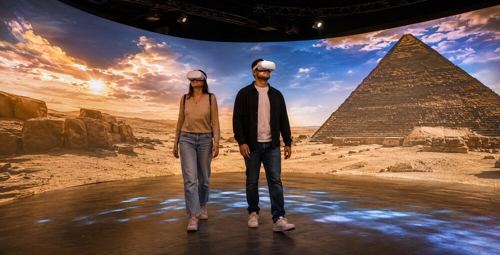 Visitantes con visores de realidad virtual recorren una experiencia inmersiva del antiguo Egipto y la Gran Pirámide en La Rural.