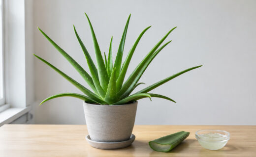 Planta de aloe vera junto a una hoja cortada y un recipiente con gel transparente sobre una mesa iluminada con luz natural