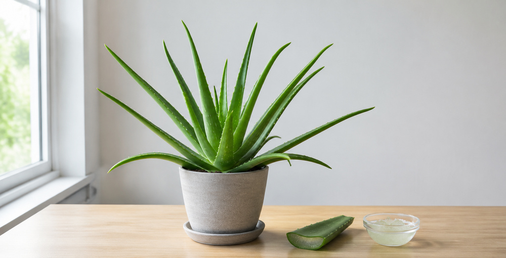 Planta de aloe vera junto a una hoja cortada y un recipiente con gel transparente sobre una mesa iluminada con luz natural