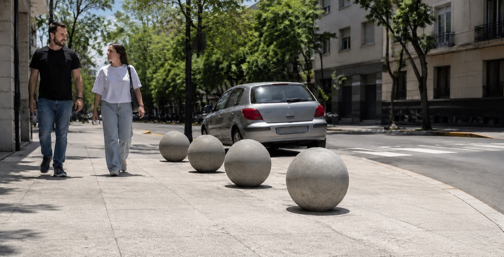 Bolas de cemento delimitan la vereda y protegen el espacio peatonal en una esquina de la Ciudad de Buenos Aires.