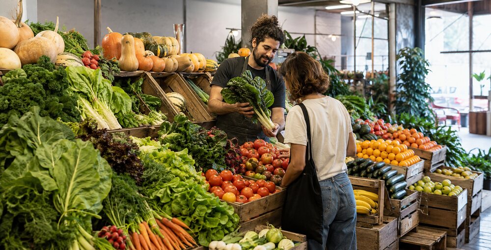 Puesto de comida orgánica en CABA con frutas y verduras frescas