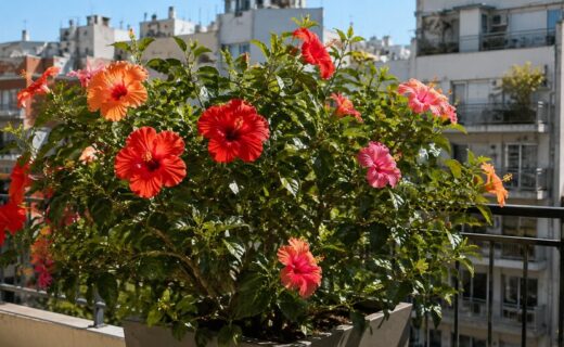 Rosas chinas de flores rojas, rosadas y anaranjadas cultivadas en un balcón de la Ciudad de Buenos Aires.