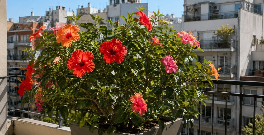 Rosas chinas de flores rojas, rosadas y anaranjadas cultivadas en un balcón de la Ciudad de Buenos Aires.