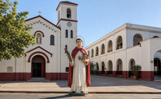 San Ramón Nonato en el centro, acompañado por su iglesia y el Instituto San Ramón Nonato sobre la calle Cervantes, en la Ciudad de Buenos Aires.