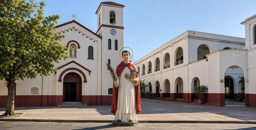 San Ramón Nonato en el centro, acompañado por su iglesia y el Instituto San Ramón Nonato sobre la calle Cervantes, en la Ciudad de Buenos Aires.
