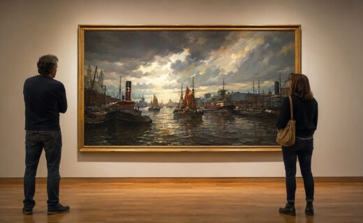 Visitantes contemplan una pintura portuaria en una sala de museo, representación visual de la presentación de “Temporal” como Obra del Mes.