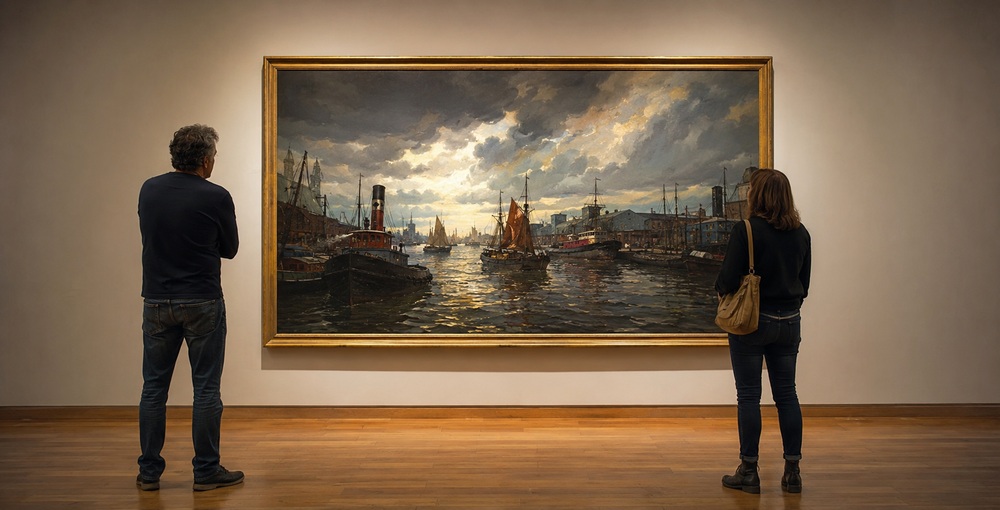 Visitantes contemplan una pintura portuaria en una sala de museo, representación visual de la presentación de “Temporal” como Obra del Mes.