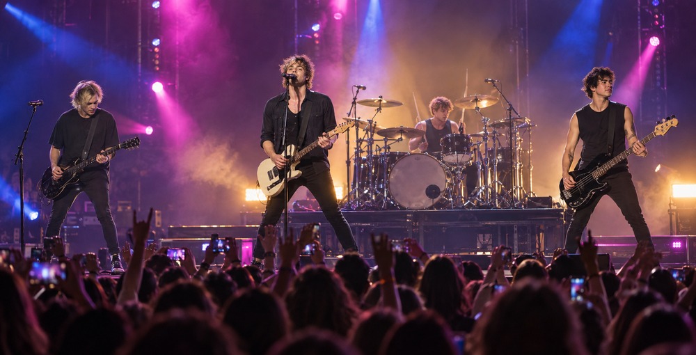 5 Seconds of Summer durante un recital con luces de colores y público en el Movistar Arena de Buenos Aires.