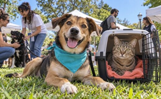 Perro y gato esperan ser adoptados durante una jornada responsable realizada en un parque de la Ciudad de Buenos Aires.