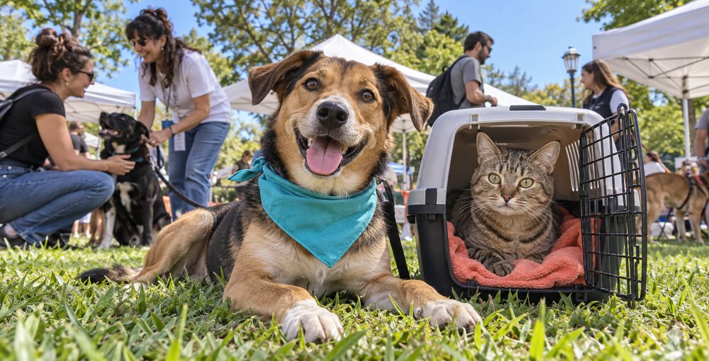 Perro y gato esperan ser adoptados durante una jornada responsable realizada en un parque de la Ciudad de Buenos Aires.