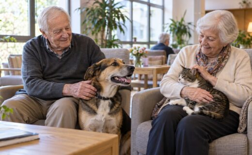 Adultos mayores comparten un momento de compañía con un perro y un gato en una residencia geriátrica.