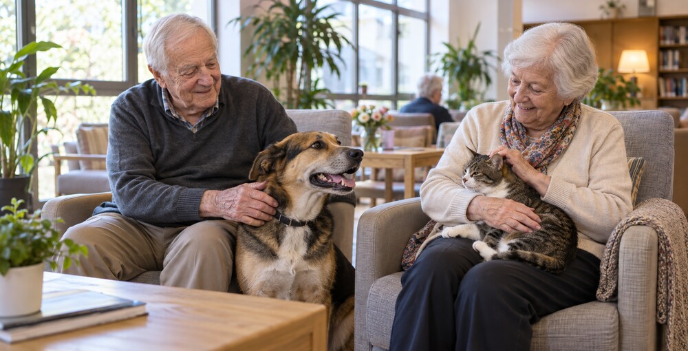 Adultos mayores comparten un momento de compañía con un perro y un gato en una residencia geriátrica.