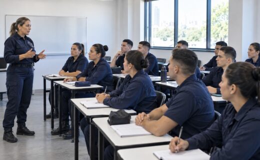 Aspirantes a agentes penitenciarios de CABA reciben capacitación profesional en un aula del instituto de seguridad.