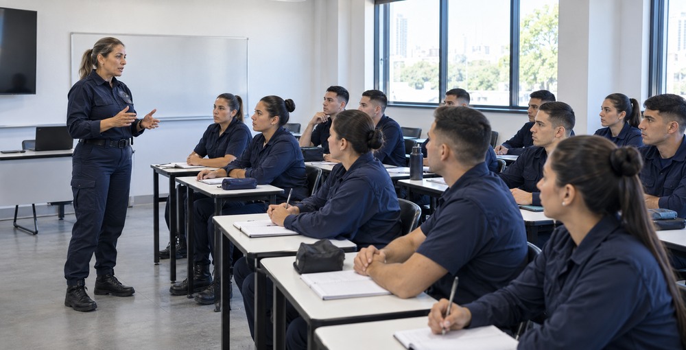 Aspirantes a agentes penitenciarios de CABA reciben capacitación profesional en un aula del instituto de seguridad.