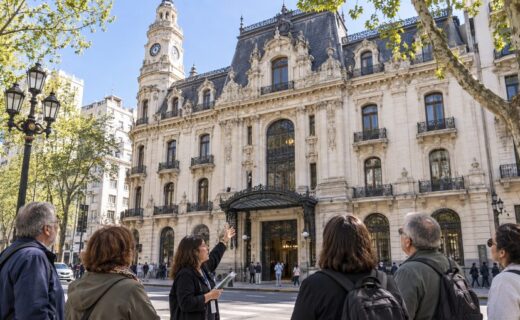 Vecinos participan de un recorrido sobre la historia de Monserrat frente a la Casa de la Cultura sobre Avenida de Mayo.