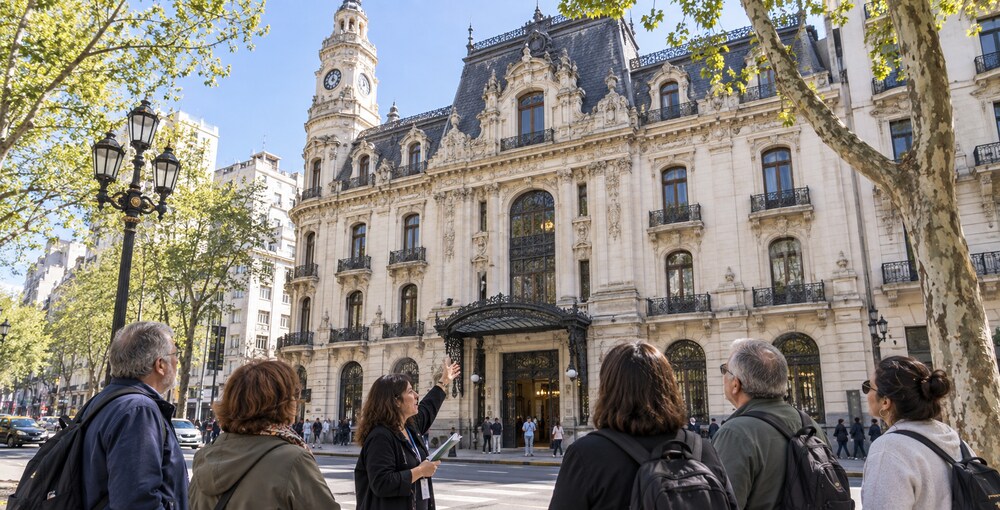 Vecinos participan de un recorrido sobre la historia de Monserrat frente a la Casa de la Cultura sobre Avenida de Mayo.