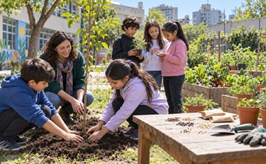 Estudiantes y una docente plantan un árbol nativo junto a una huerta escolar con semillas, aromáticas y hortalizas en Buenos Aires.