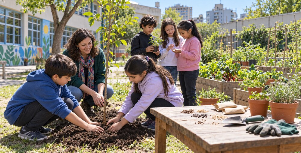 Estudiantes y una docente plantan un árbol nativo junto a una huerta escolar con semillas, aromáticas y hortalizas en Buenos Aires.