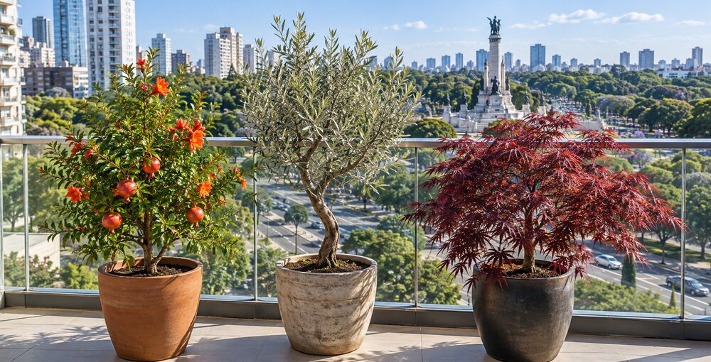 Granado enano, olivo y arce japonés en macetas sobre un balcón soleado con vista a la Ciudad de Buenos Aires.