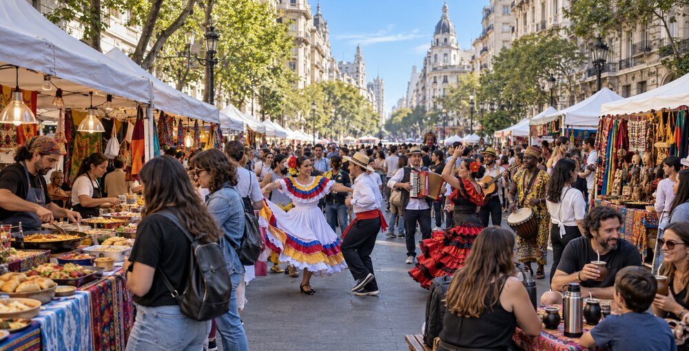 BA Celebra a las Colectividades en la Avenida de Mayo, con puestos gastronómicos, artesanías, músicos, bailarines y vecinos participando de una jornada multicultural.