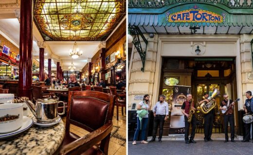 Interior del Café Tortoni y músicos frente a su fachada sobre la Avenida de Mayo, en una composición sobre los bares históricos de Buenos Aires