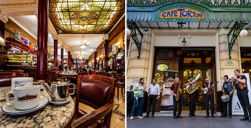 Interior del Café Tortoni y músicos frente a su fachada sobre la Avenida de Mayo, en una composición sobre los bares históricos de Buenos Aires