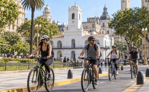 Ciclistas recorren una calle junto a la Plaza de Mayo, con el Cabildo de fondo, en una imagen ilustrativa sobre la bicicleteada por el Casco Histórico