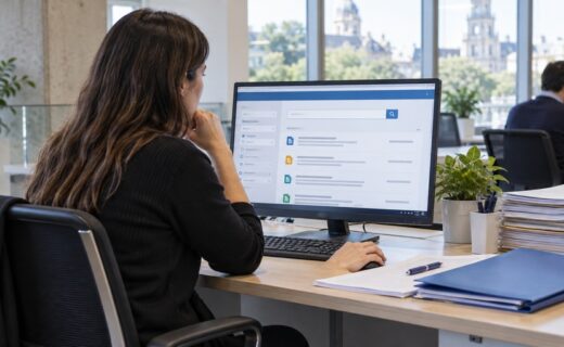 Persona consulta normas, licitaciones y resoluciones del Boletín Oficial porteño desde una computadora.