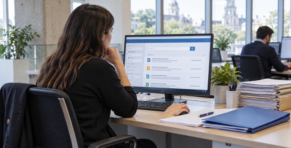 Persona consulta normas, licitaciones y resoluciones del Boletín Oficial porteño desde una computadora.