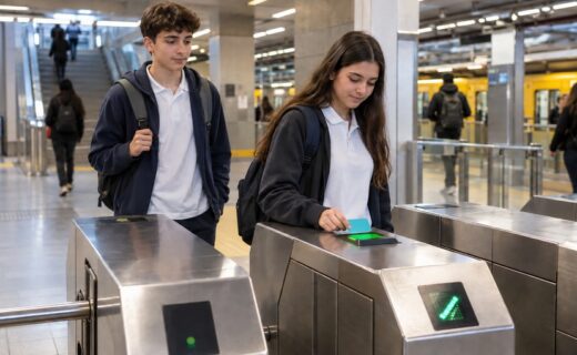 Estudiantes utilizan una tarjeta de transporte para ingresar al subte porteño mediante el Boleto Educativo de la Ciudad de Buenos Aires.