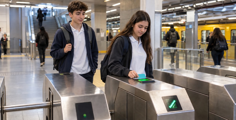 Estudiantes utilizan una tarjeta de transporte para ingresar al subte porteño mediante el Boleto Educativo de la Ciudad de Buenos Aires.
