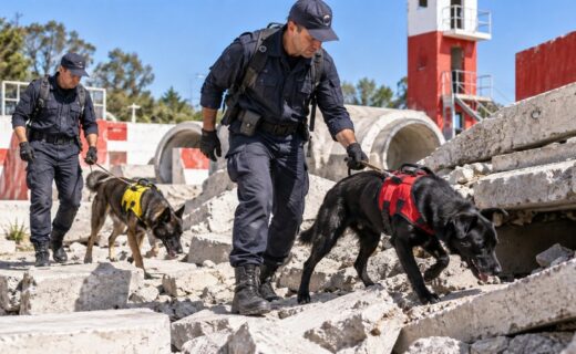 Bomberos porteños trabajan con perros K9 especialmente entrenados durante una práctica de búsqueda y rescate en estructuras colapsadas.