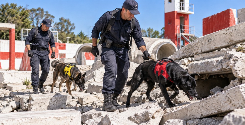 Bomberos porteños trabajan con perros K9 especialmente entrenados durante una práctica de búsqueda y rescate en estructuras colapsadas.