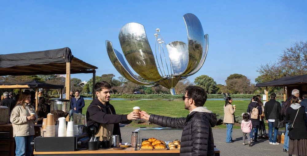 Feria Cafecito BA con puestos de café y visitantes junto a la Floralis Genérica en la Plaza de las Naciones Unidas.