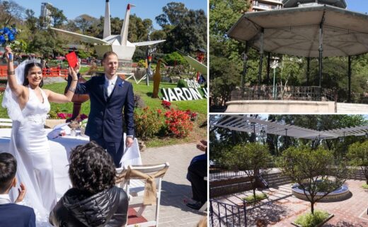 Ceremonia de casamiento en el Jardín Japonés junto a vistas de la Glorieta de Barrancas de Belgrano y el Patio Andaluz del Rosedal.