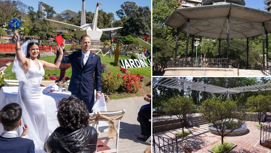 Ceremonia de casamiento en el Jardín Japonés junto a vistas de la Glorieta de Barrancas de Belgrano y el Patio Andaluz del Rosedal.