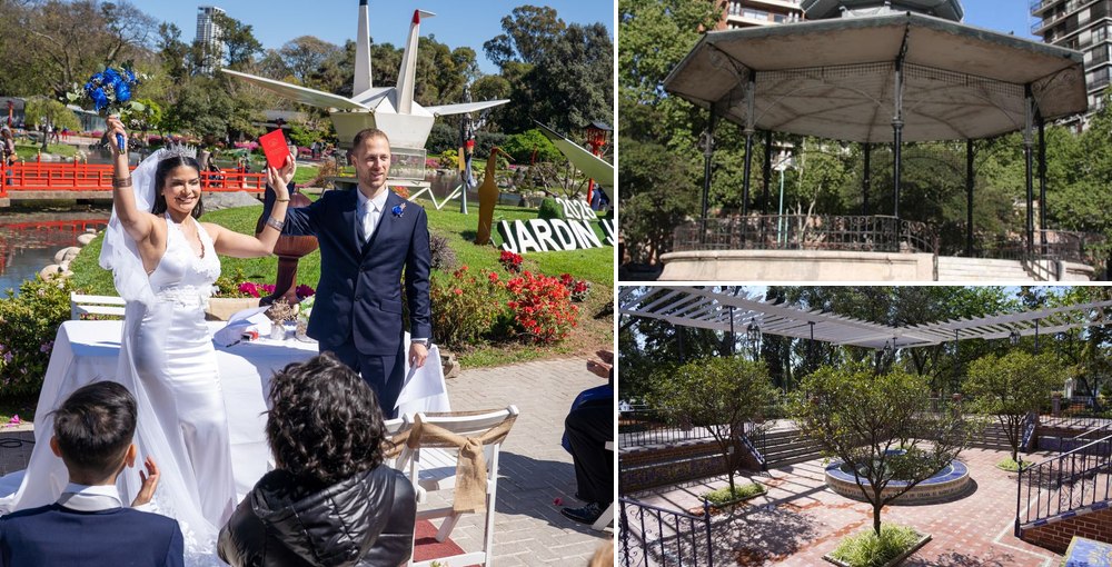 Ceremonia de casamiento en el Jardín Japonés junto a vistas de la Glorieta de Barrancas de Belgrano y el Patio Andaluz del Rosedal.