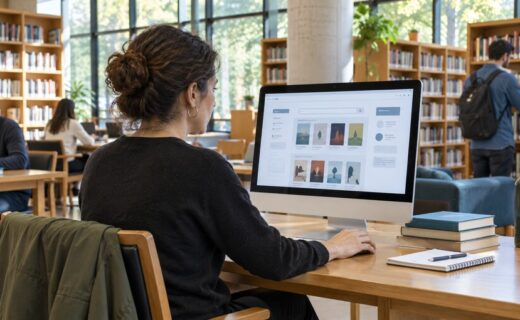 Lectora consulta el catálogo digital de las bibliotecas porteñas en una sala con estanterías y libros.