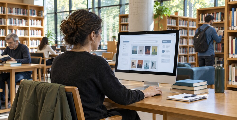 Lectora consulta el catálogo digital de las bibliotecas porteñas en una sala con estanterías y libros.