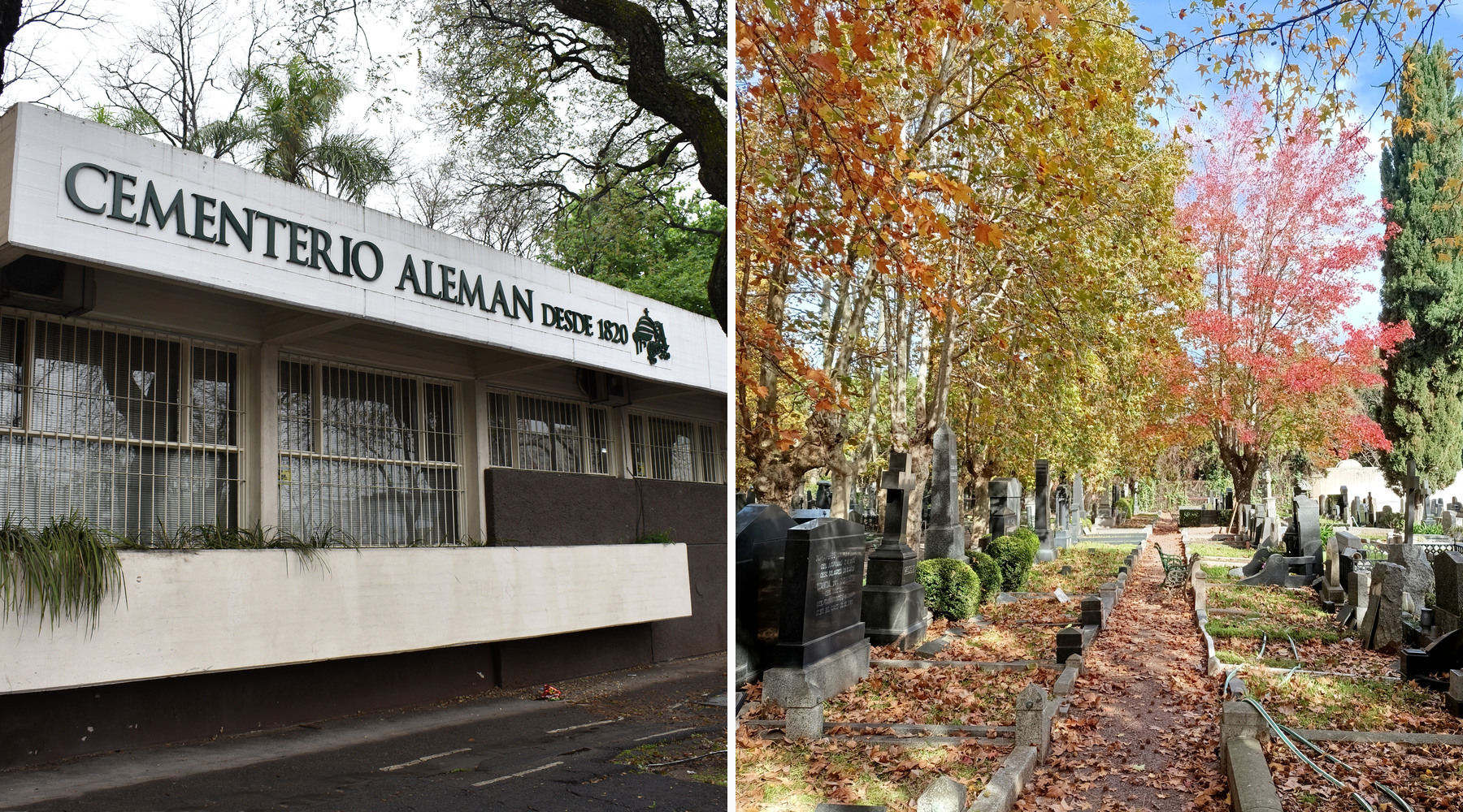 Frente e interior del Cementerio Alemán de Chacarita. Montaje de dos fotografías reales