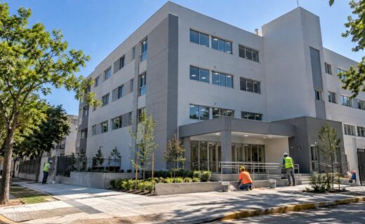 Nuevo Centro Regional de Hemoterapia de la Ciudad con trabajadores realizando las terminaciones del edificio y sus accesos.