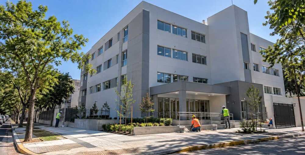 Nuevo Centro Regional de Hemoterapia de la Ciudad con trabajadores realizando las terminaciones del edificio y sus accesos.