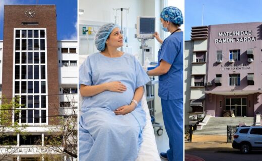 Fachadas del Hospital Fernández y la Maternidad Sardá junto a una paciente embarazada acompañada por personal médico.