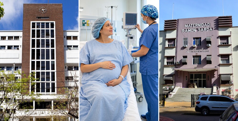 Fachadas del Hospital Fernández y la Maternidad Sardá junto a una paciente embarazada acompañada por personal médico.