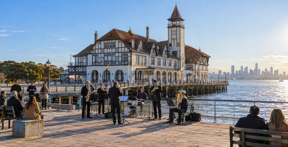 Club de Pescadores con músicos ofreciendo un concierto frente al Río de la Plata y el horizonte porteño durante una tarde soleada.