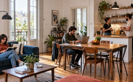 Jóvenes adultos comparten el living, la cocina y el espacio de trabajo de un coliving en CABA.