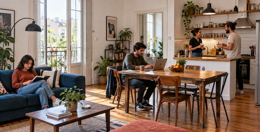 Jóvenes adultos comparten el living, la cocina y el espacio de trabajo de un coliving en CABA.