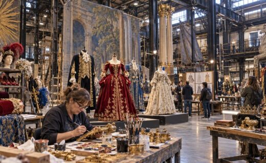 Vestuarios, pelucas, telas, escenografías y una artesana trabajando con pintura en el interior de Colón Fábrica, en La Boca.