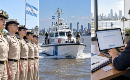Personal joven de Prefectura formado, embarcación de la fuerza en el Río de la Plata y postulante realizando la inscripción digital al concurso de ingreso.